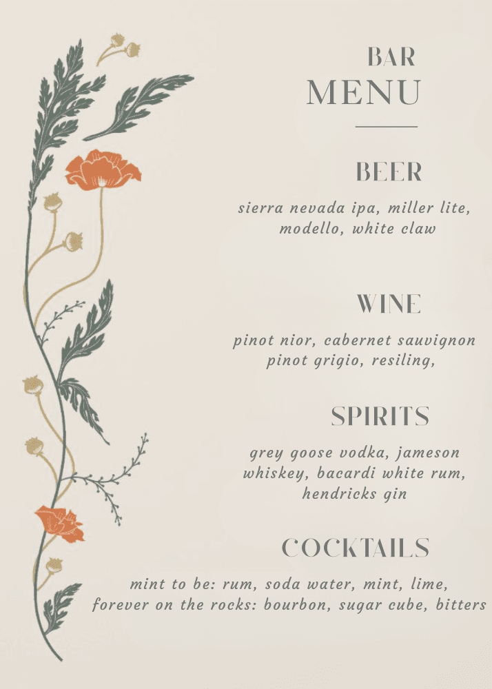 Botanical bar menu with beer, wine, spirits, and custom cocktails illustrated with poppies.