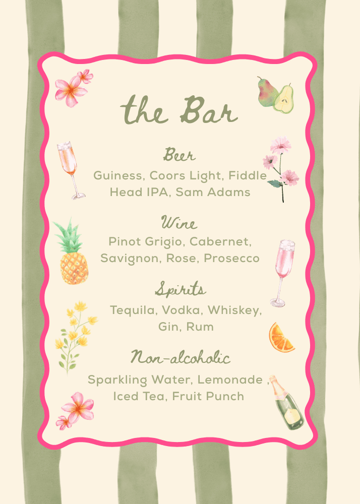 Beach-themed bar menu with tropical cocktails and sandy tones.