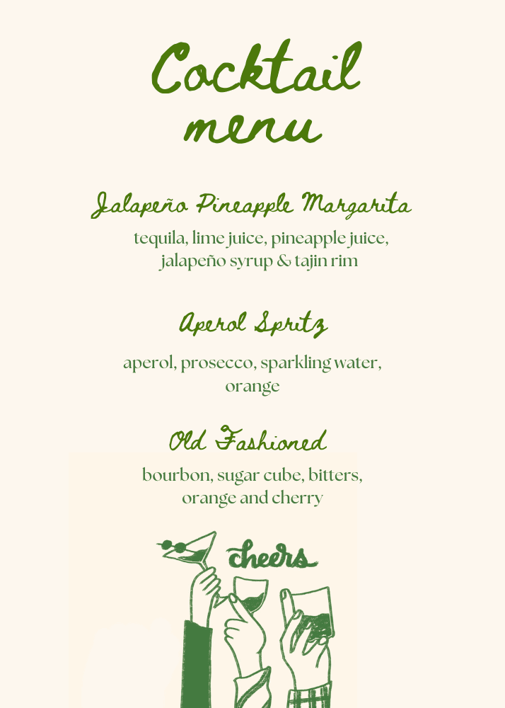 Clover signature cocktail menu featuring jalapeno pineapple margarita, aperol spritz, and old fashioned.