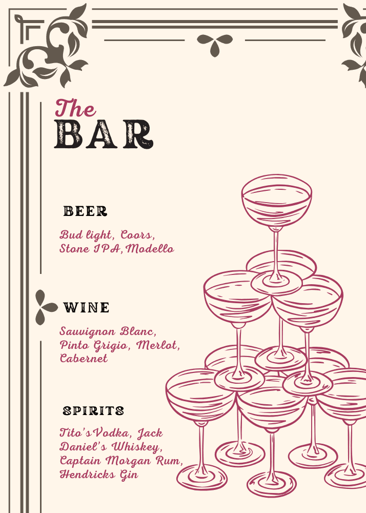 Elegant bar menu with refined cocktails and sophisticated styling.