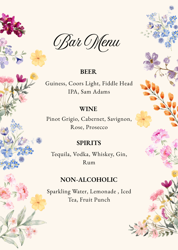 Floral-themed bar menu with botanical cocktails and flower illustrations.