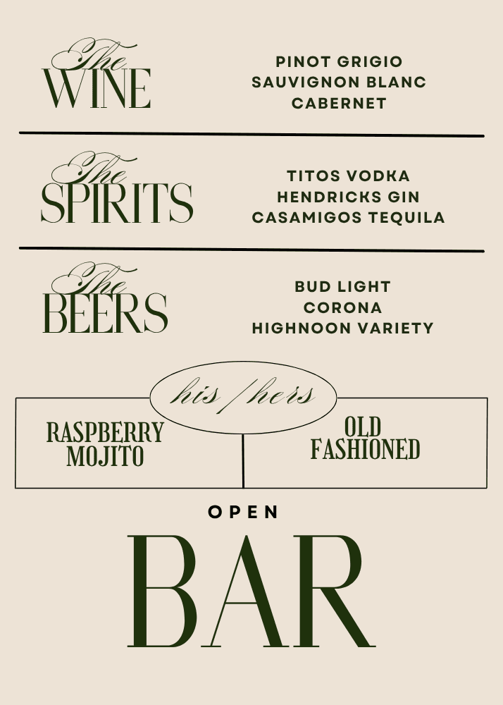His and hers signature cocktail menu for a wedding celebration.