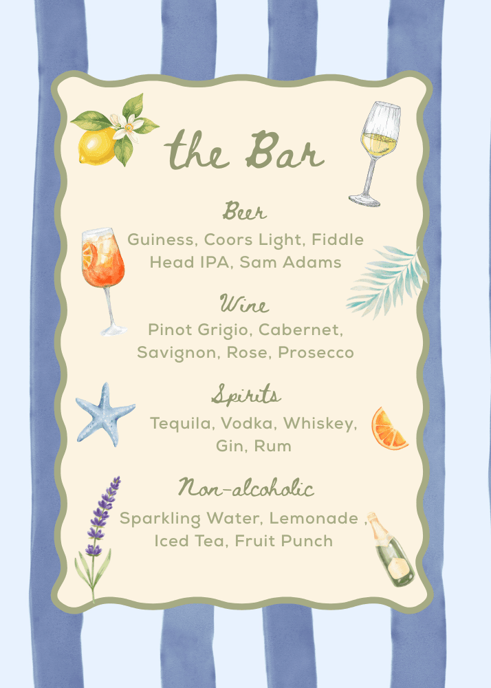 Marine-themed bar menu with coastal cocktails and nautical design.