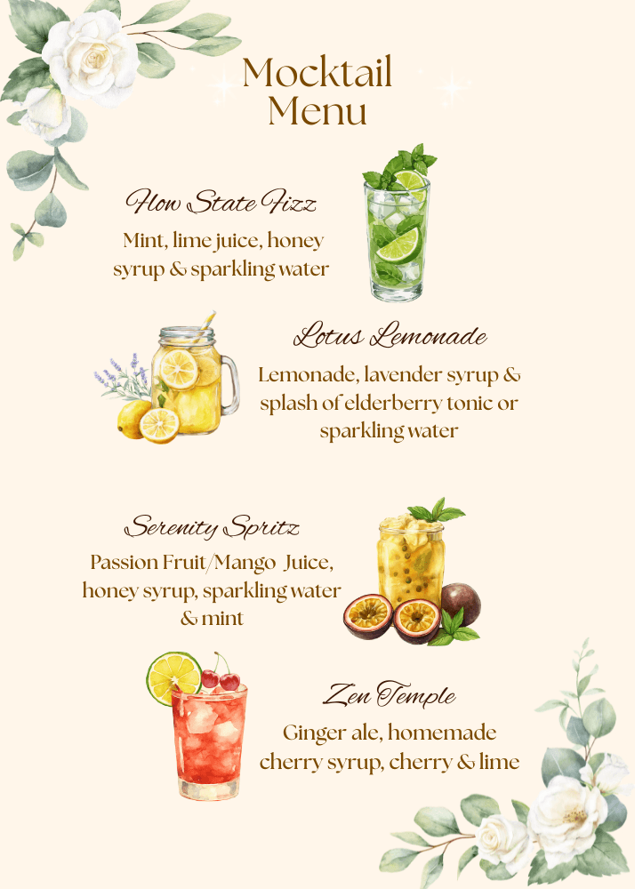 Watercolor mocktail menu featuring flow state fizz, lotus lemonade, serenity spritz, and zen temple.